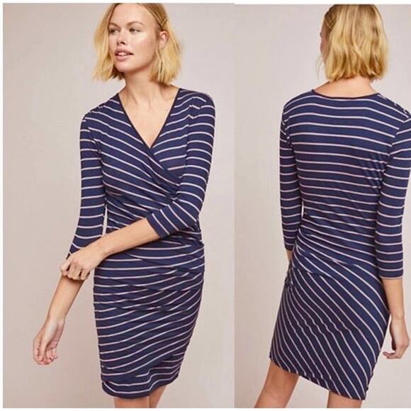 Sundry Fabian Navy Striped Ruched V Neck Dress Size 0 - Picture 1 of 5